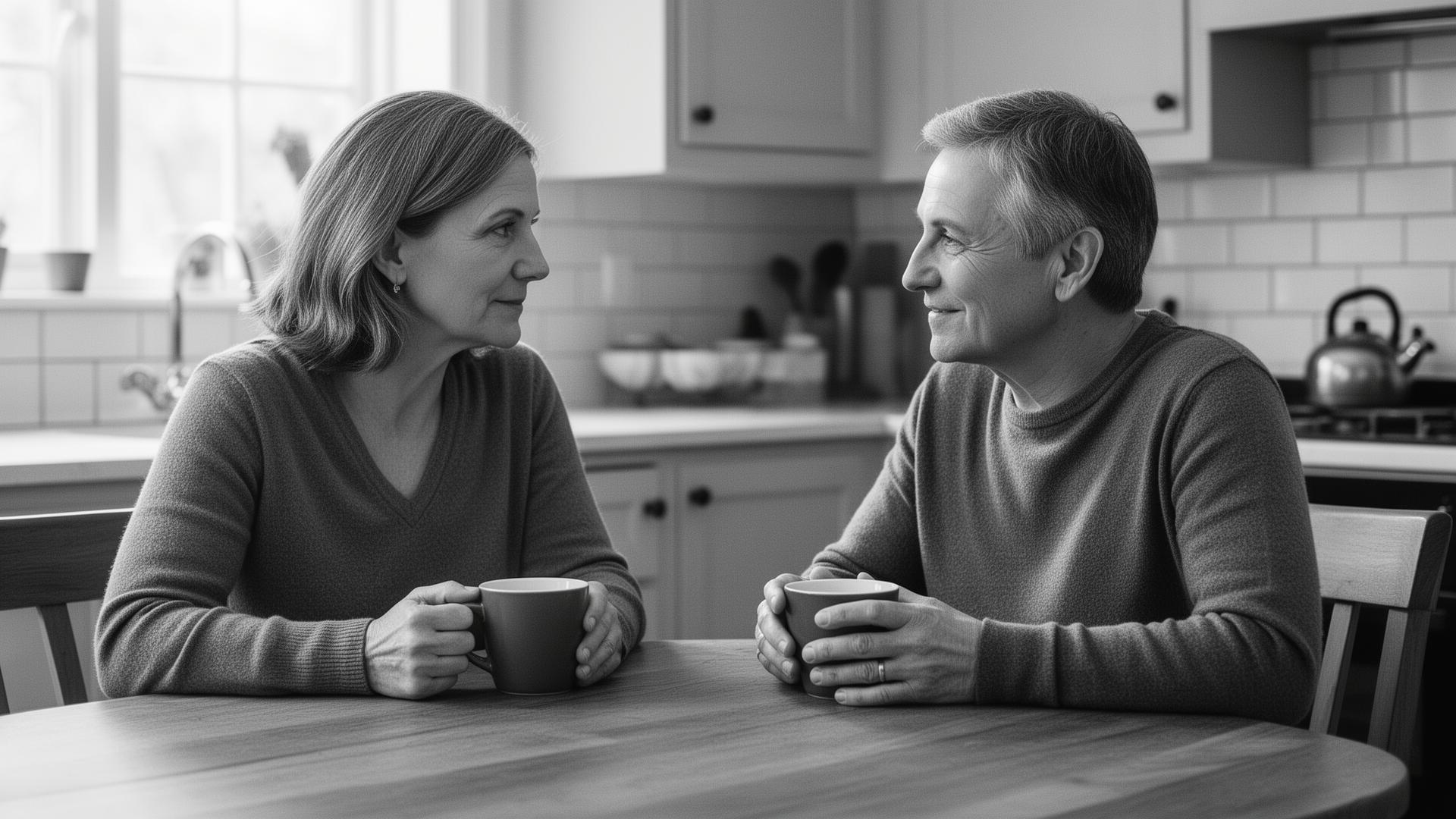 A grounded couple sitting close, in quiet conversation