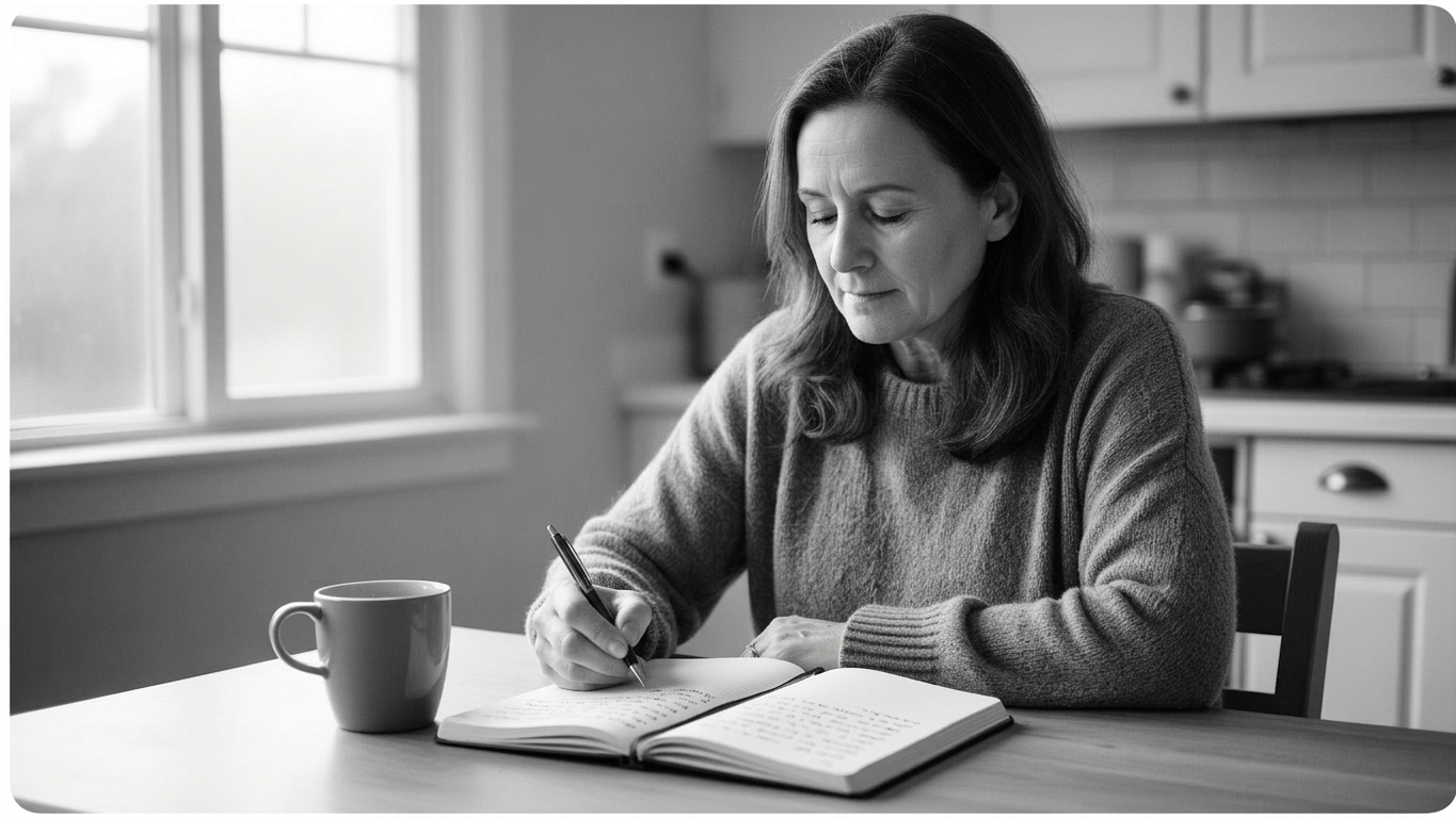 A woman sitting alone at her kitchen table in early morning light, journaling with a cup of coffee